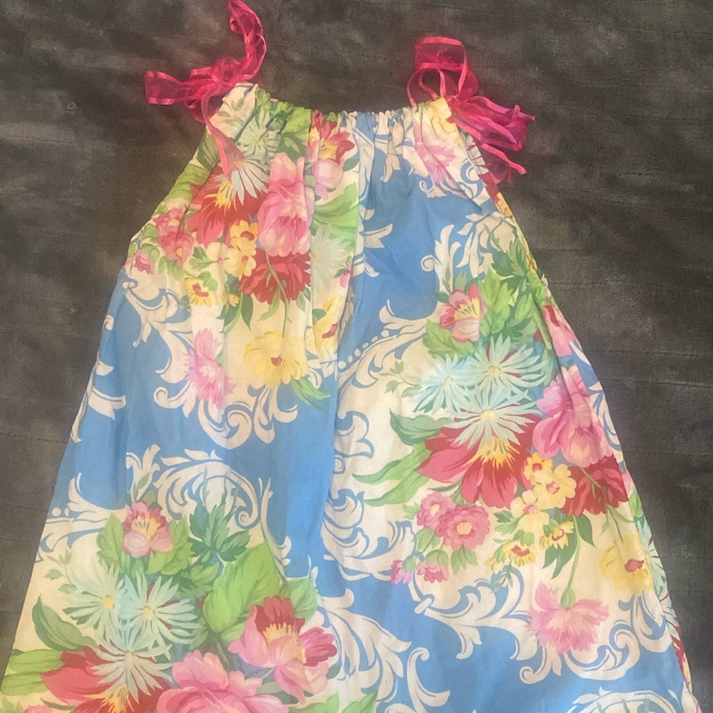Little girls floral pillowcase dress sz 4 5 blue pink ribbon Easter summer